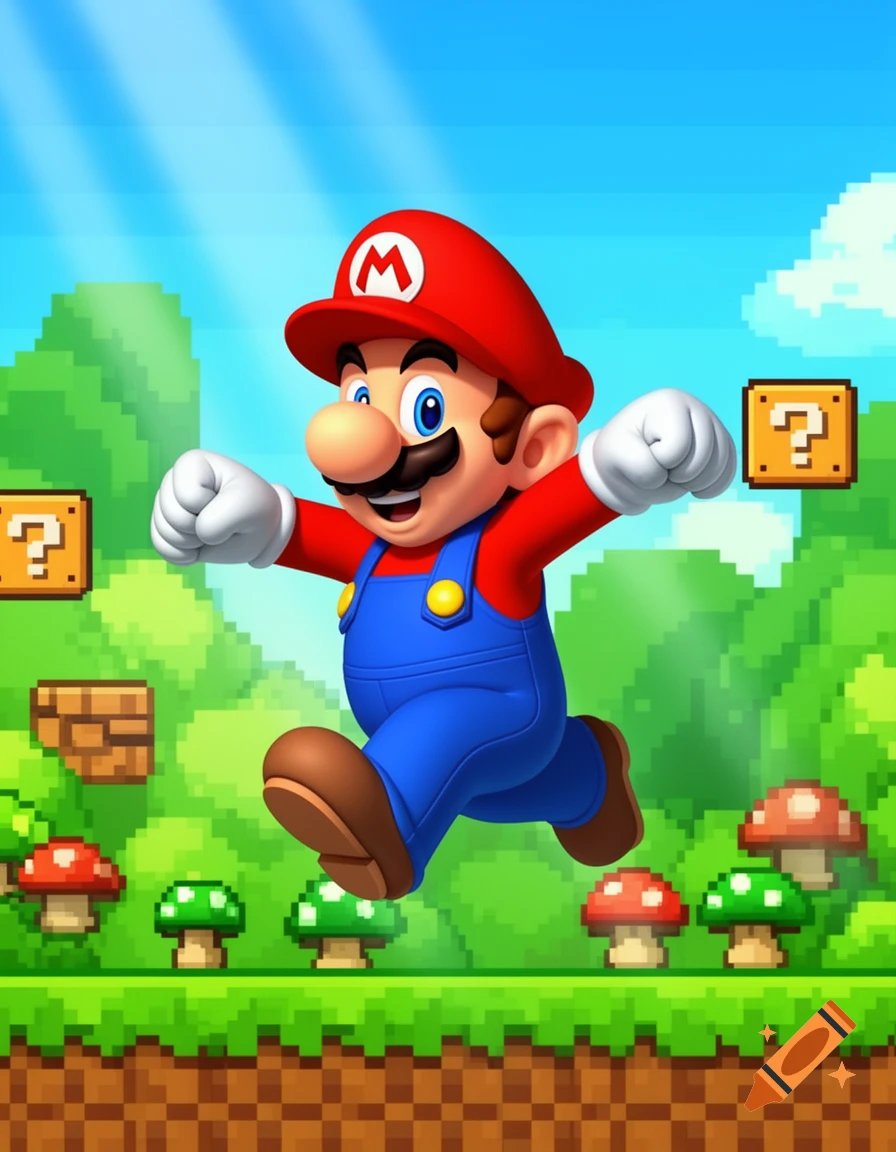 Mario running and jumping in a colorful, pixelated video game world with question blocks and mushrooms.