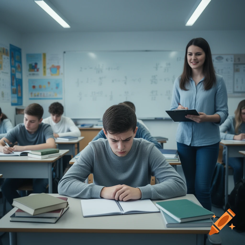 A teacher observes students in a modern classroom, with a male student in the foreground looking troubled while working at his desk.
