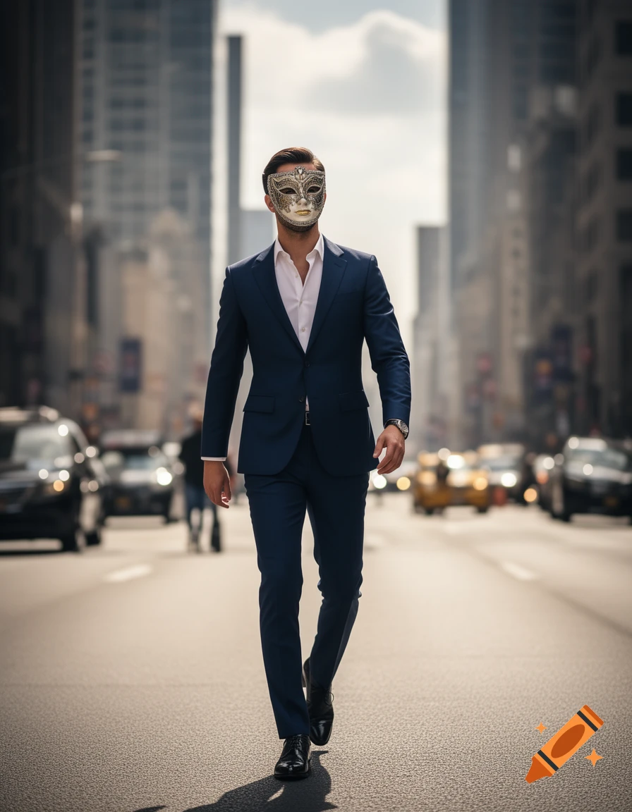 A man in a navy suit and white shirt, wearing a silver masquerade mask, walks down the middle of a city street during the day.