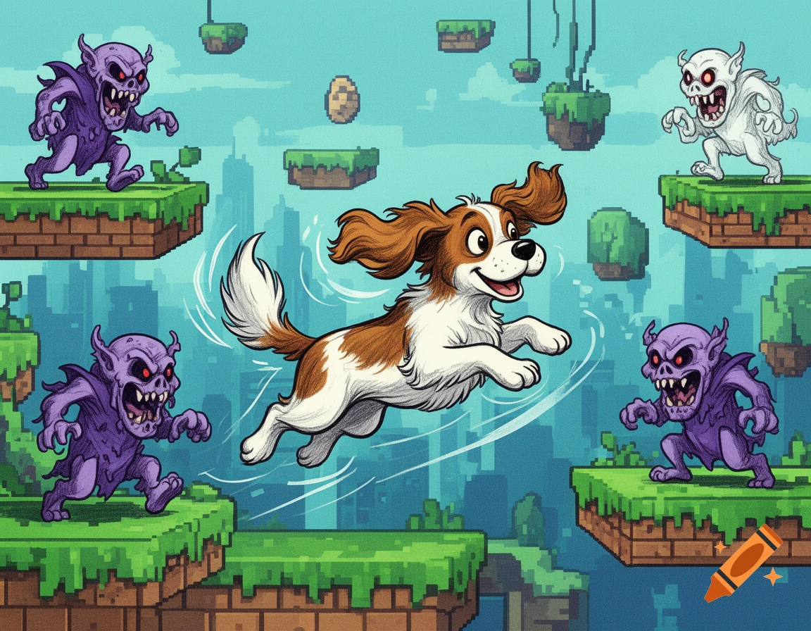 A cartoon spaniel dog jumps over pixelated platforms, avoiding monsters in a hand-drawn video game style.