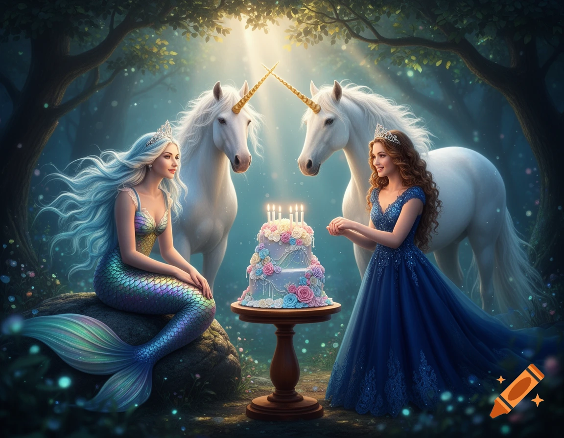 A mermaid with flowing blue hair, a princess in a blue gown, and two white unicorns celebrate around a birthday cake in a magical forest.