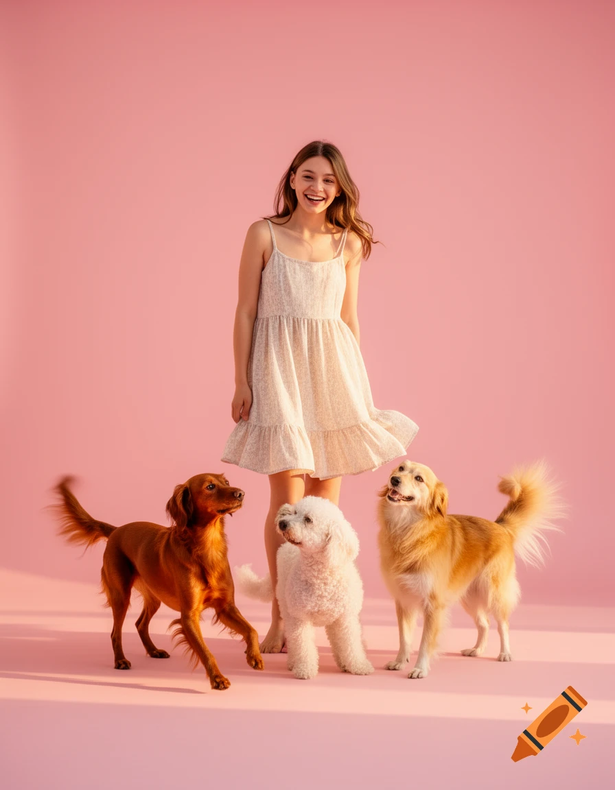 A smiling young woman in a dress stands with three dogs on a pink studio background.