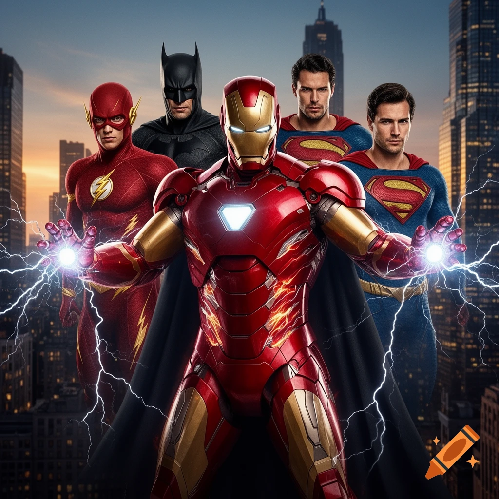 Iron Man, Flash, Batman, and two Supermen pose with lightning in a photorealistic cityscape at sunset.