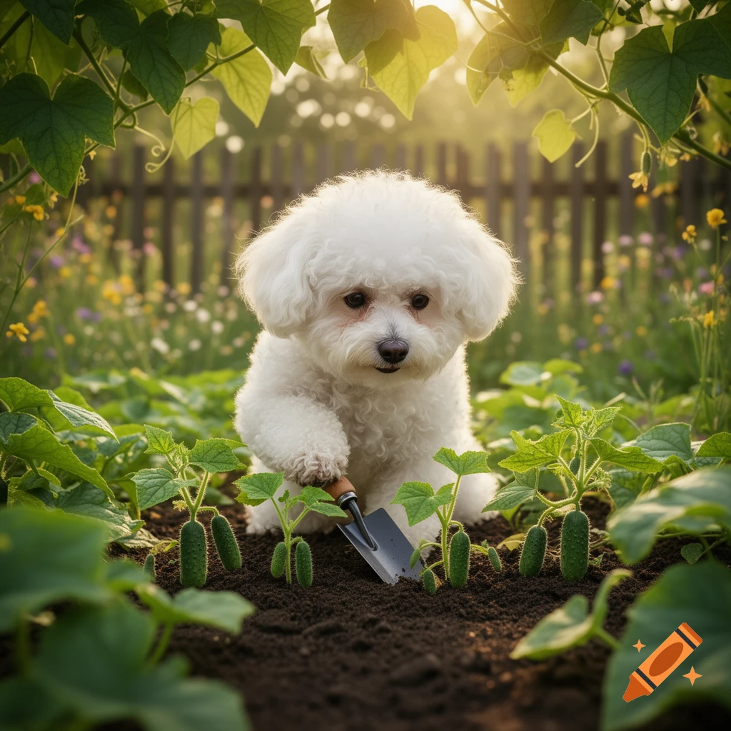 A fluffy white Bichon Frise dog with a trowel is in a garden surrounded by small cucumber plants, bathed in warm sunlight.