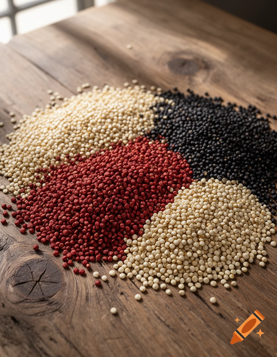 Piles of white, red, black, and beige quinoa grains on a rustic wooden table under soft light.