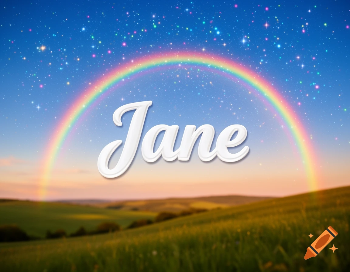 The name 'Jane' in white script floats above a vibrant rainbow spanning a starry blue sky over a green, rolling landscape.