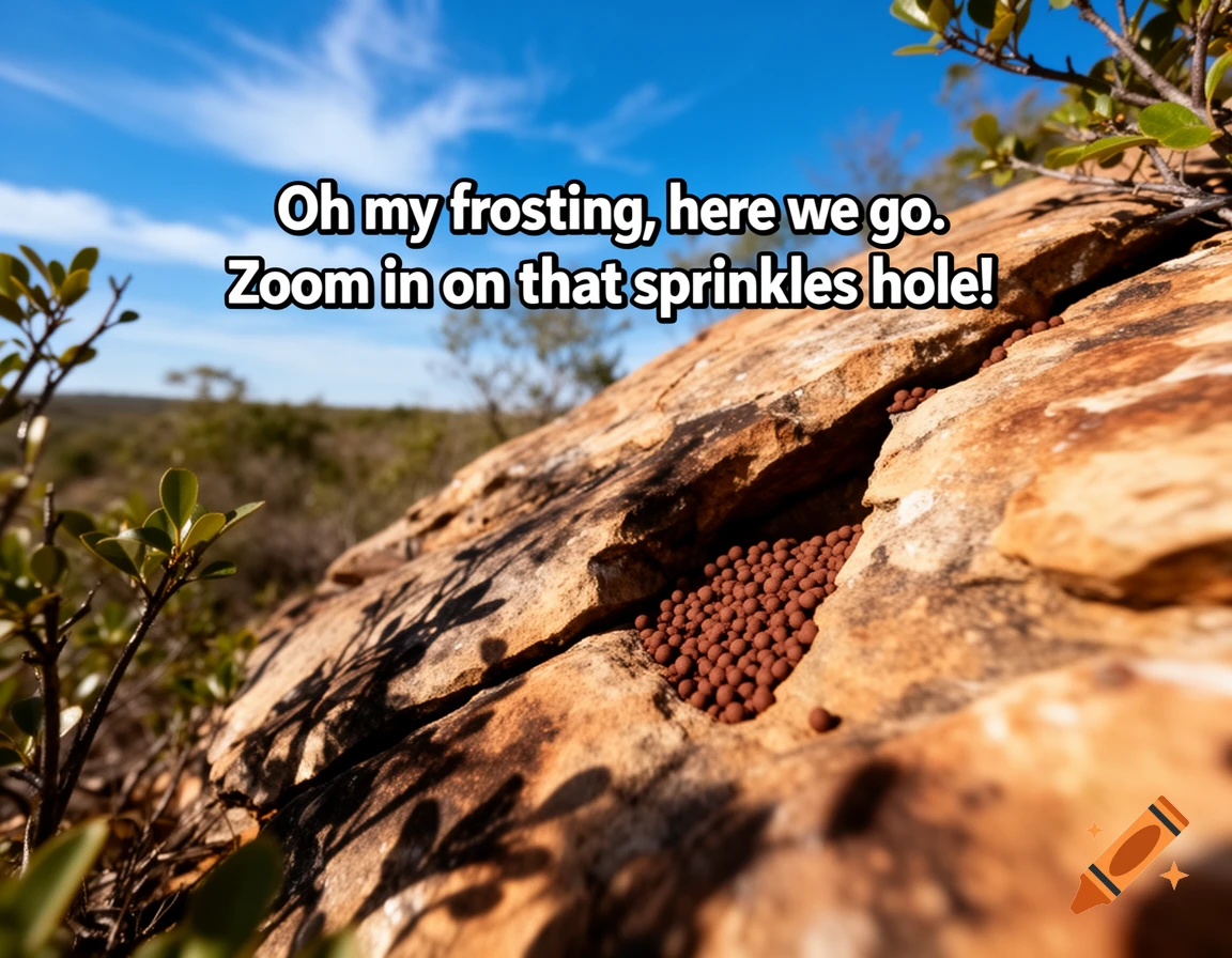 A close-up shot of a rock crevice filled with small, brown, round objects, with the overlay text 'Oh my frosting, here we go. Zoom in on that sprinkles hole!'