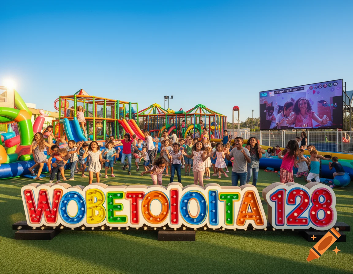 Children play on inflatable slides and playground structures in an outdoor event area, with a large lit sign 'WOBETOIOITA 128' and a big screen.