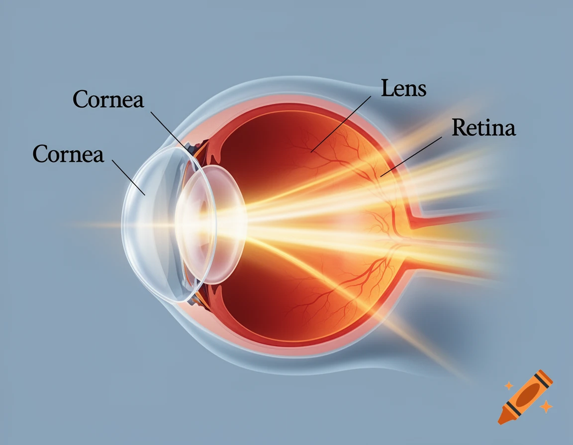 A labeled diagram of the human eye showing light rays passing through the cornea and lens to the retina.
