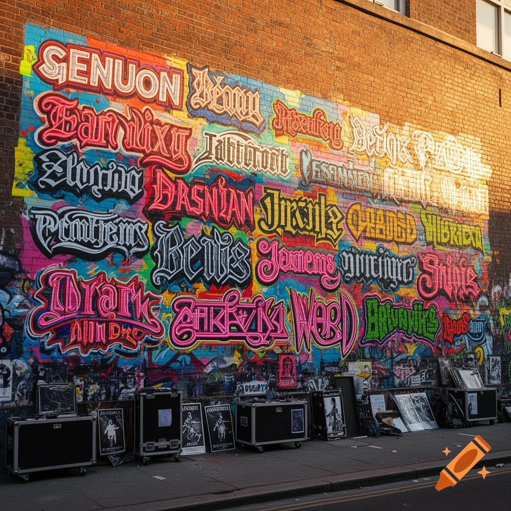 A brick wall covered in colorful, stylized graffiti art featuring various band names. Several cases and posters are on the sidewalk.