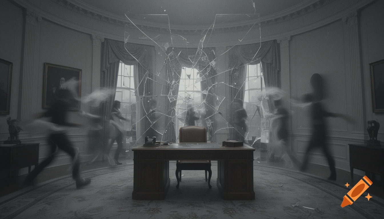 Monochromatic, surreal scene of a shattered Oval Office with blurred, ghostly figures running amidst broken glass around a central desk.
