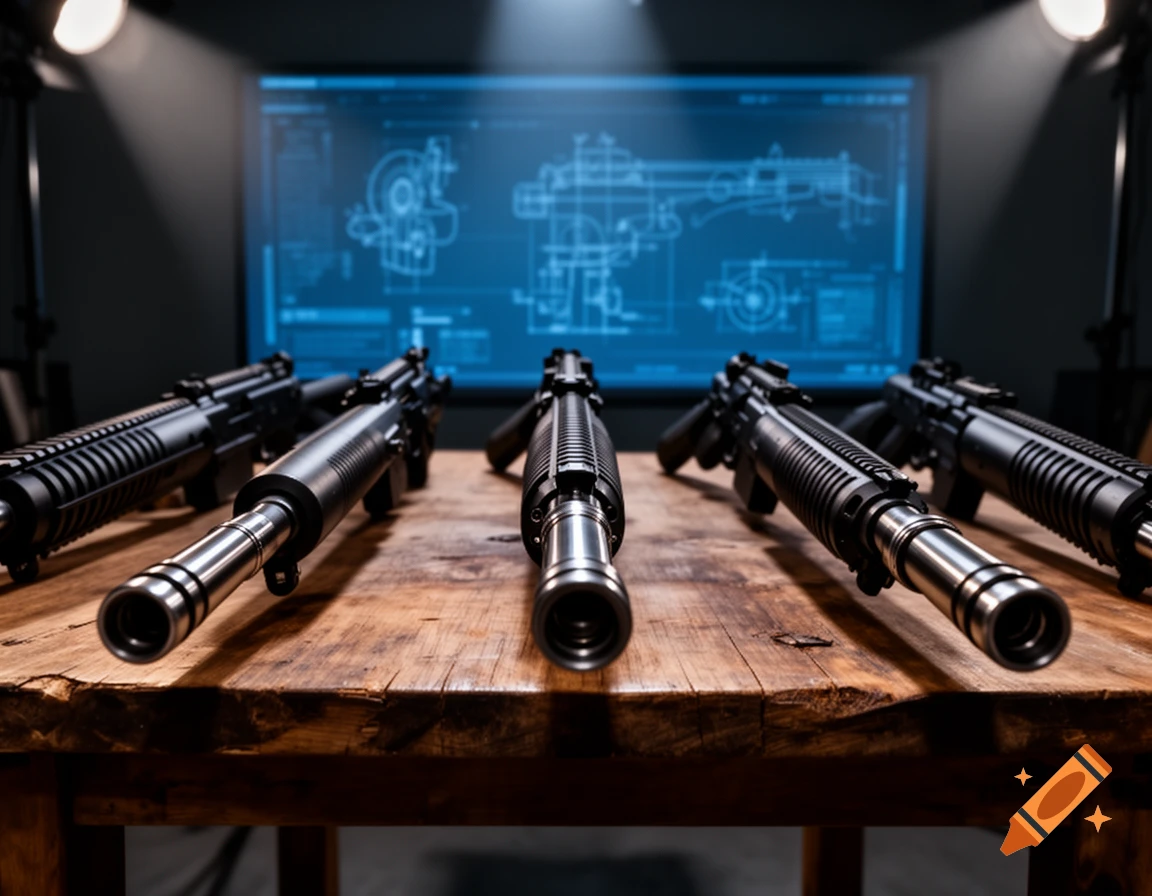 Several black rifles are arranged on a wooden table, pointing towards a large blue screen displaying technical blueprints. The scene is dramatically lit.