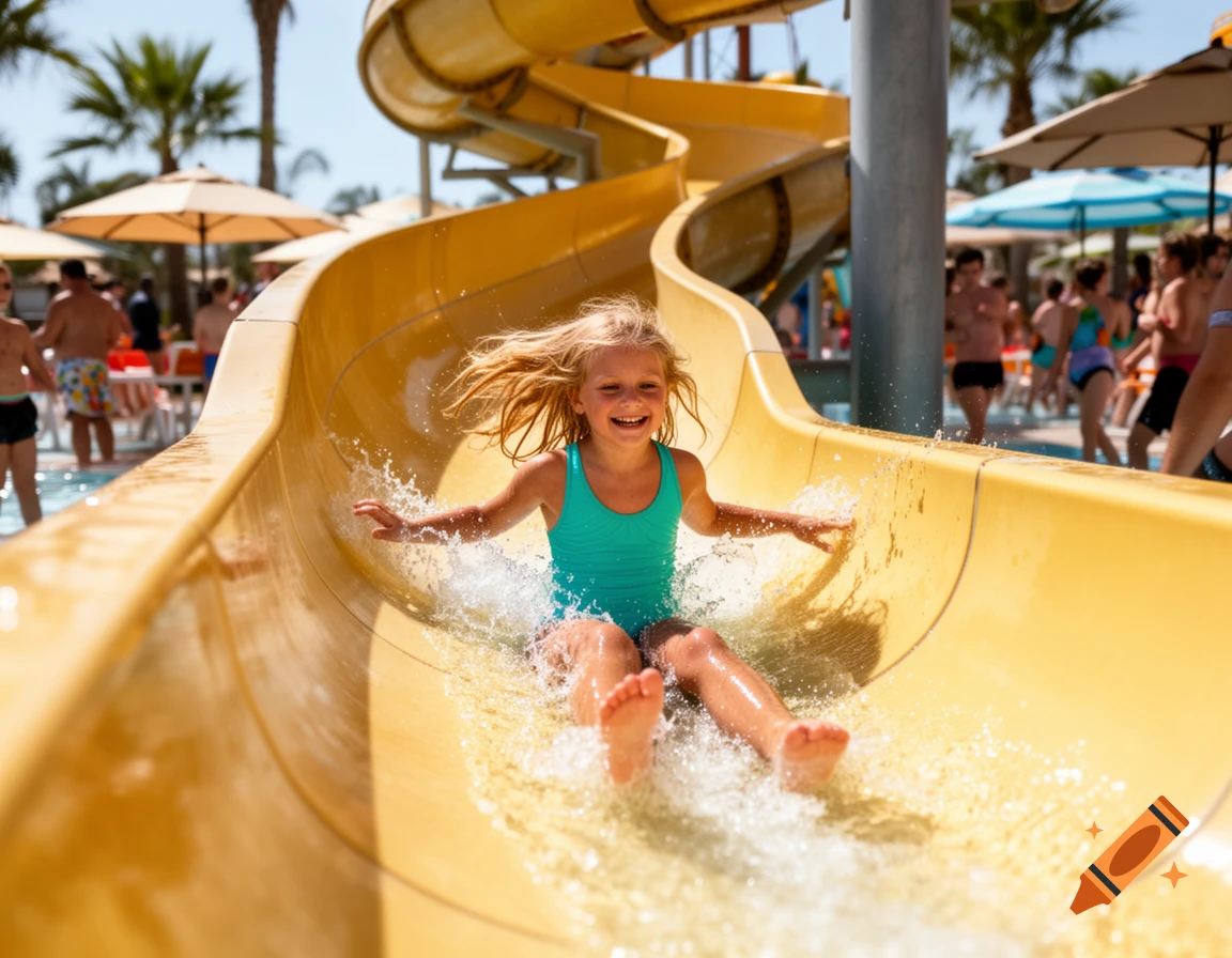 A smiling young girl in a turquoise swimsuit slides down a yellow water slide, splashing water at a sunny water park.