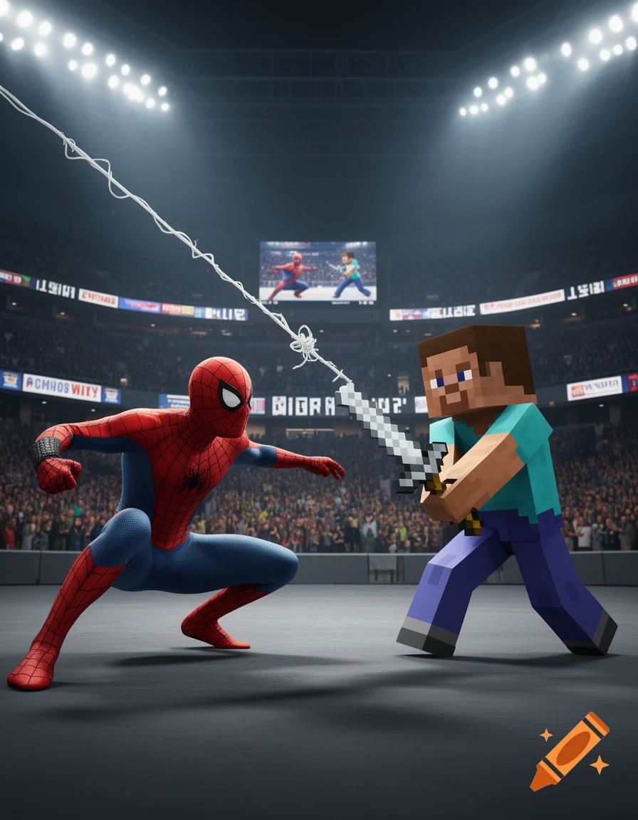 Spider-Man crouches, facing Minecraft's Steve, who wields a pixelated sword in a brightly lit stadium arena.