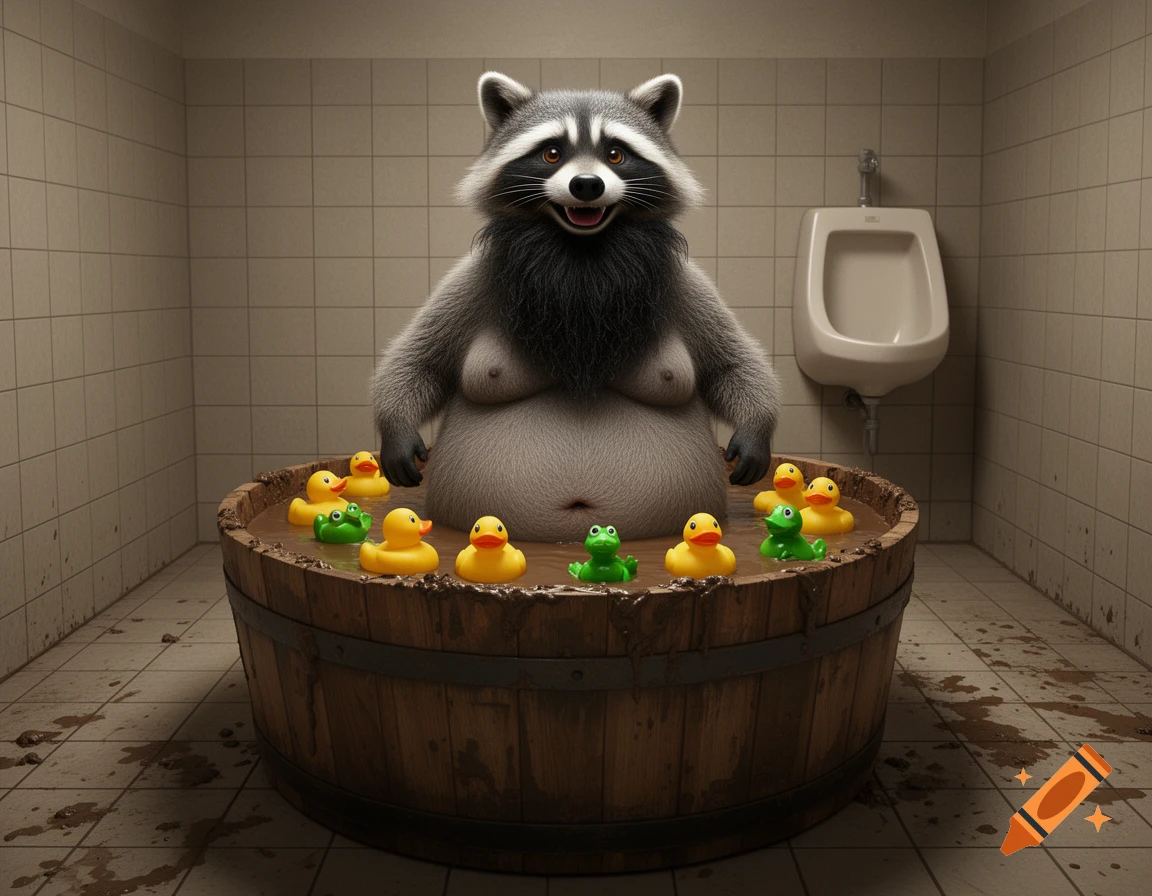 A smiling, anthropomorphic, photorealistic gray raccoon stands in a wooden barrel mud bath with rubber ducks and frogs in a tiled bathroom with a urinal.