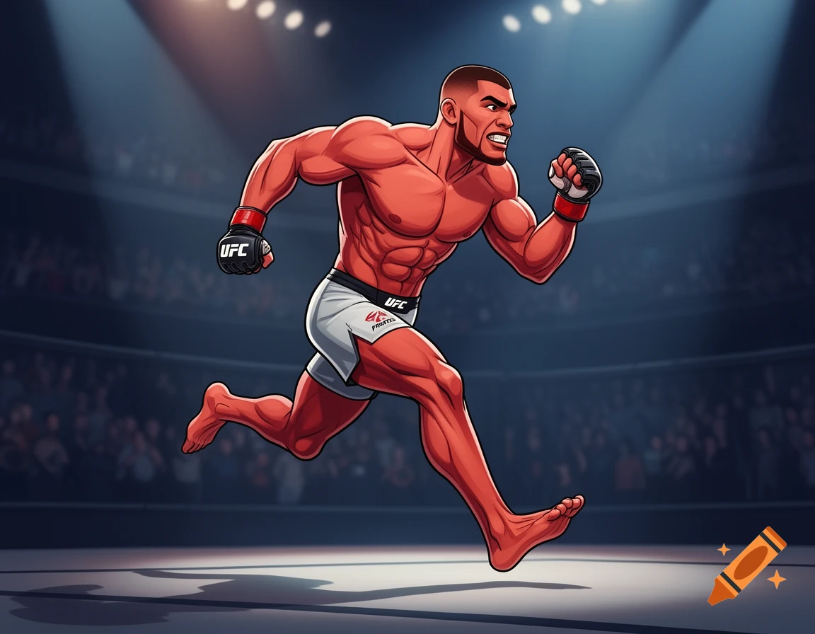 Cartoon illustration of a muscular MMA fighter, Carlos Prates, in white shorts and red gloves, running in a spotlighted arena.