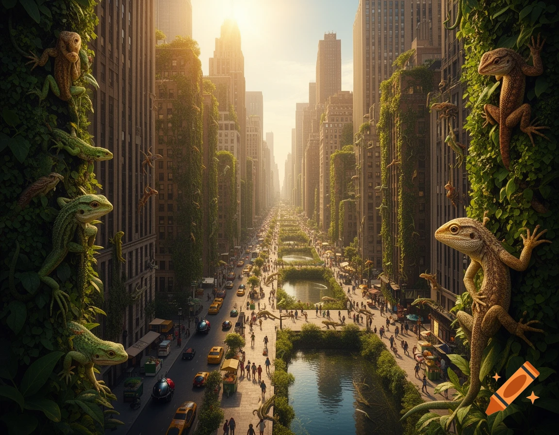 A bustling cityscape resembling New York, with skyscrapers overgrown by green vines, large lizards, people, cars, and a central canal.