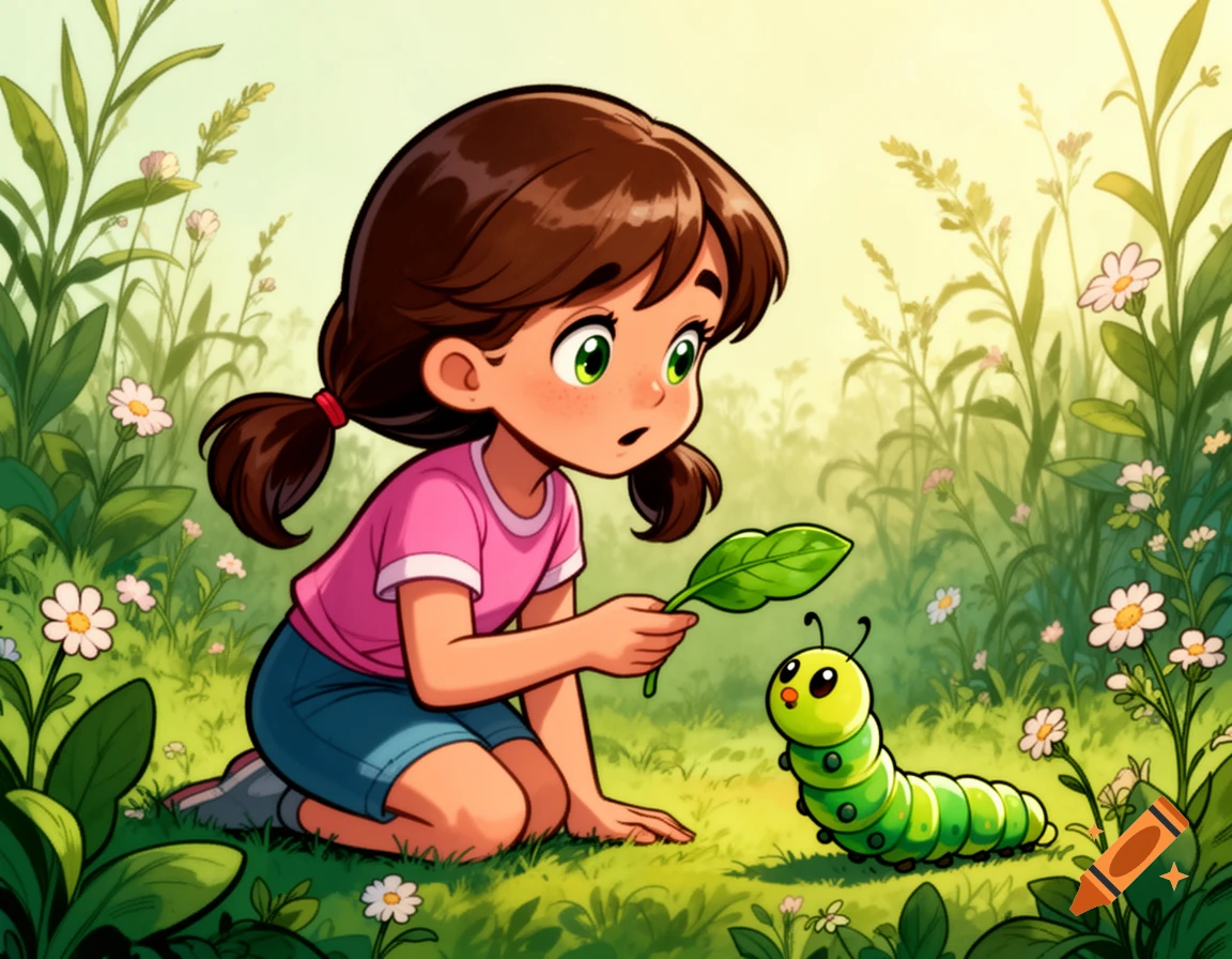 A cute brunette girl in a pink shirt and blue shorts kneels in a grassy garden, offering a leaf to a green caterpillar in comic book style.