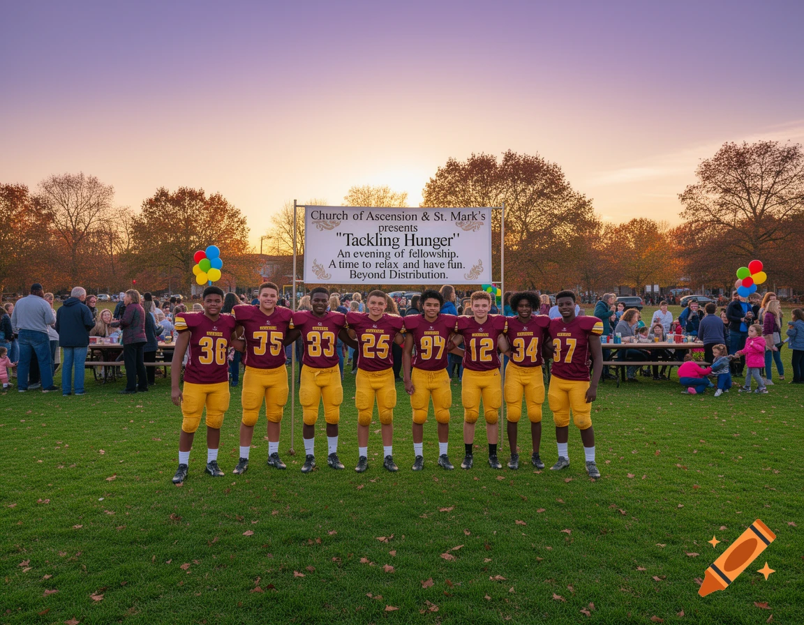 Photorealistic image of football players in uniform on a grassy field at sunset, with a banner and community gathering in the background.