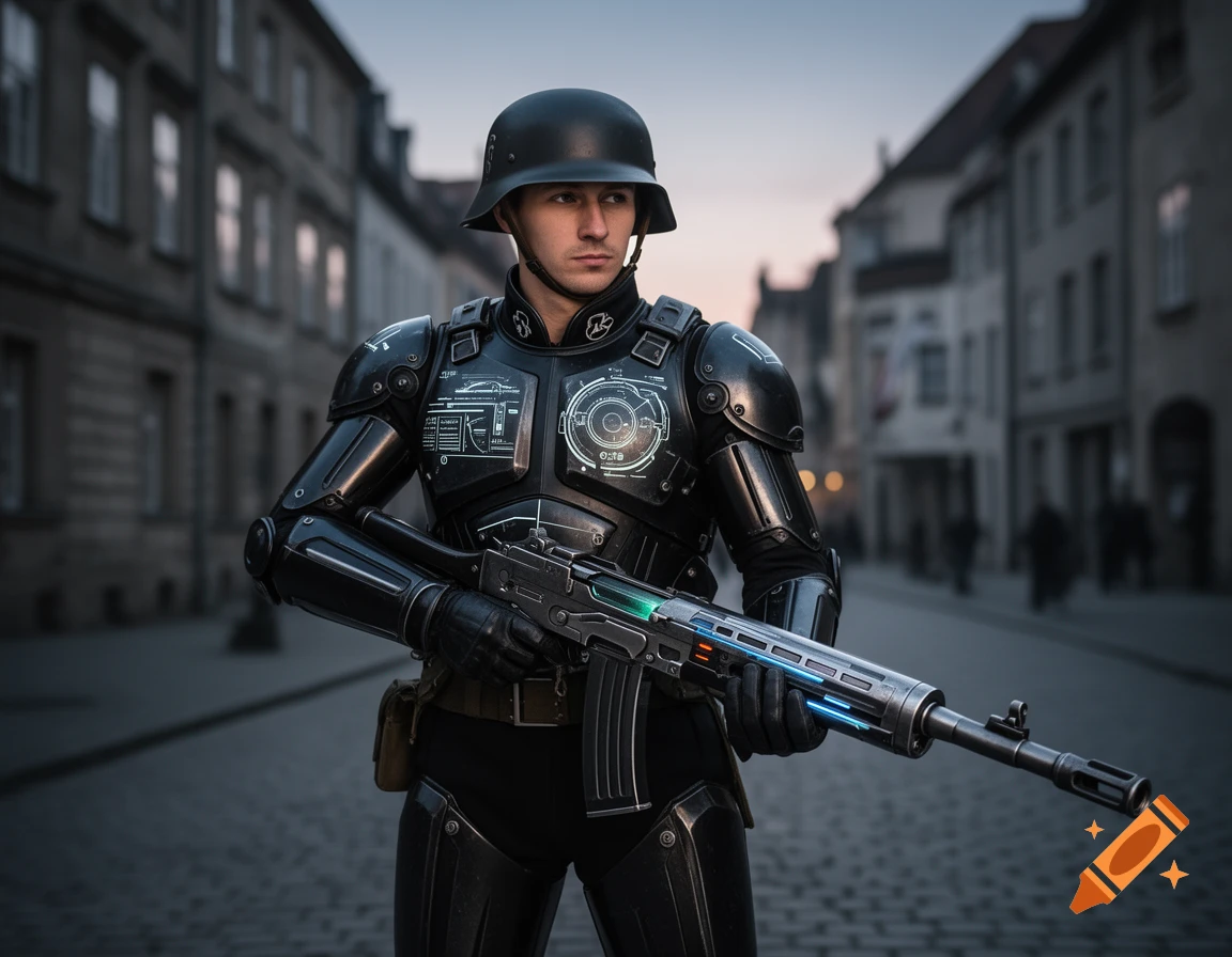 A retrofuturistic soldier in black armor and a steel helmet holds a glowing futuristic rifle, standing on a cobblestone street in a city.