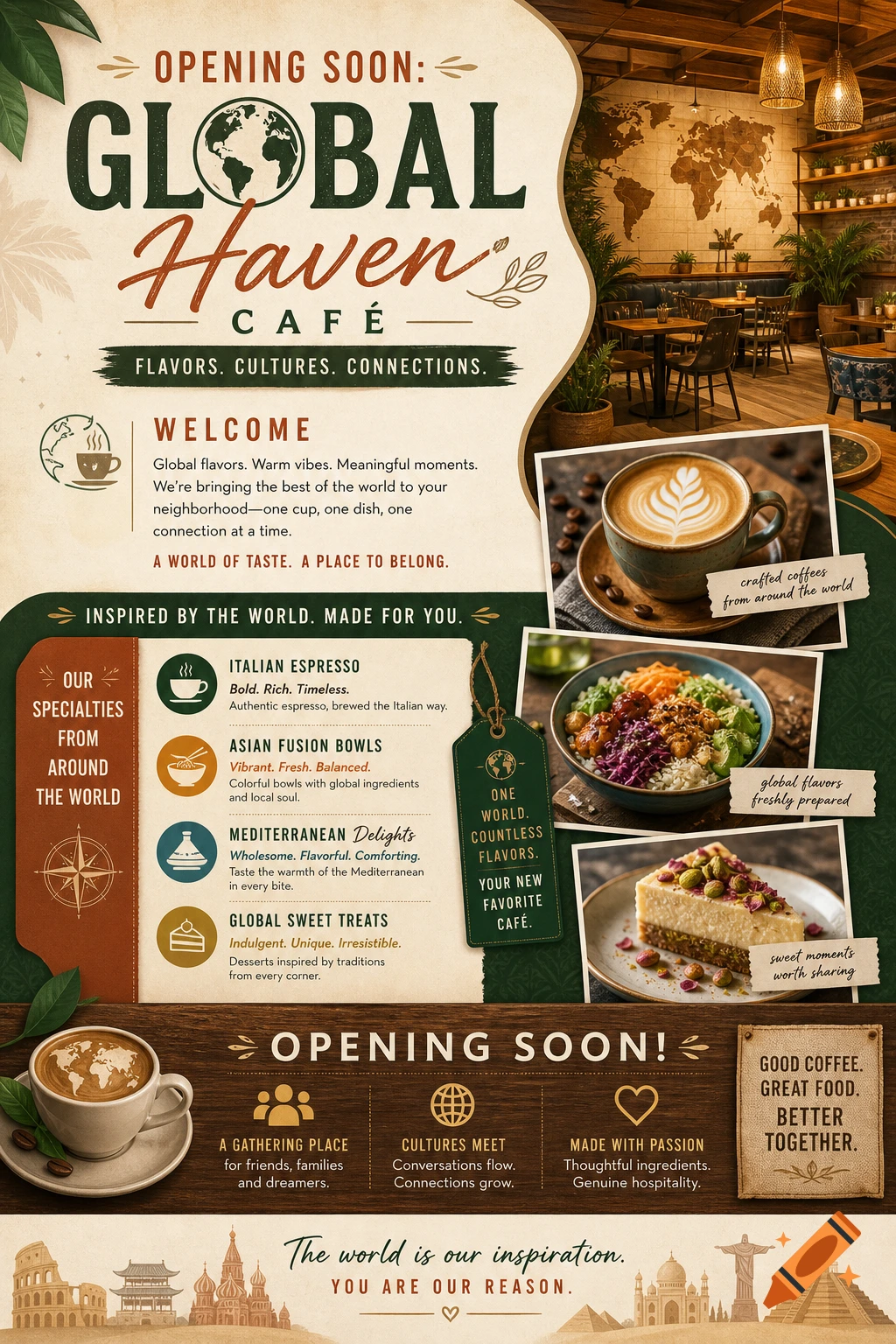 Detailed flyer for Global Haven Cafe, showcasing coffee, food, and interior, advertising 'Opening Soon' and 'Flavors. Cultures. Connections.'