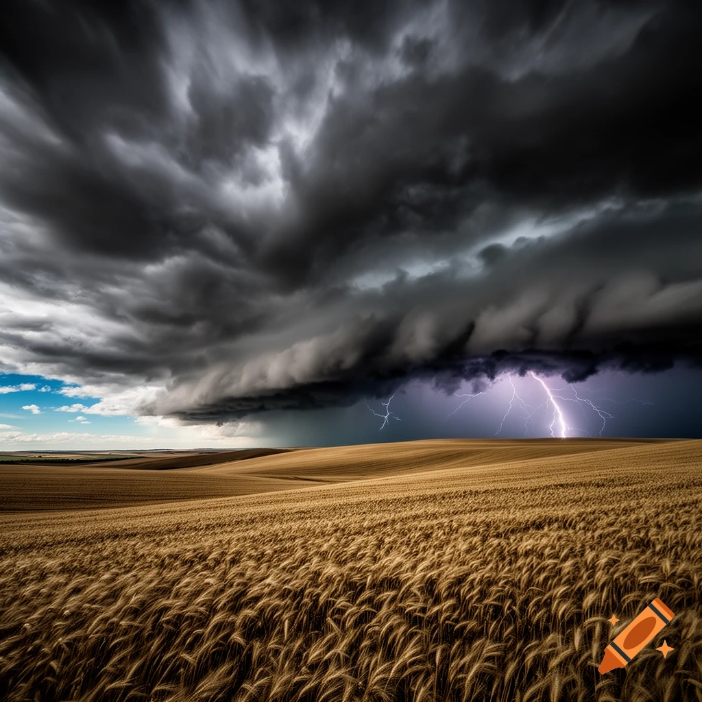 A dramatic storm with dark, ominous clouds and bright lightning strikes rolls over a golden wheat field. Photorealistic.