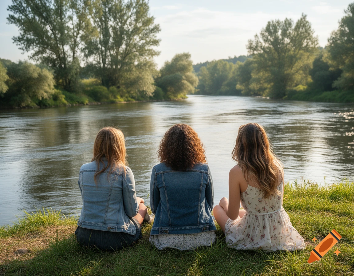 Three women sit by a river, backs to the viewer, looking at the water and trees under a sunny sky.