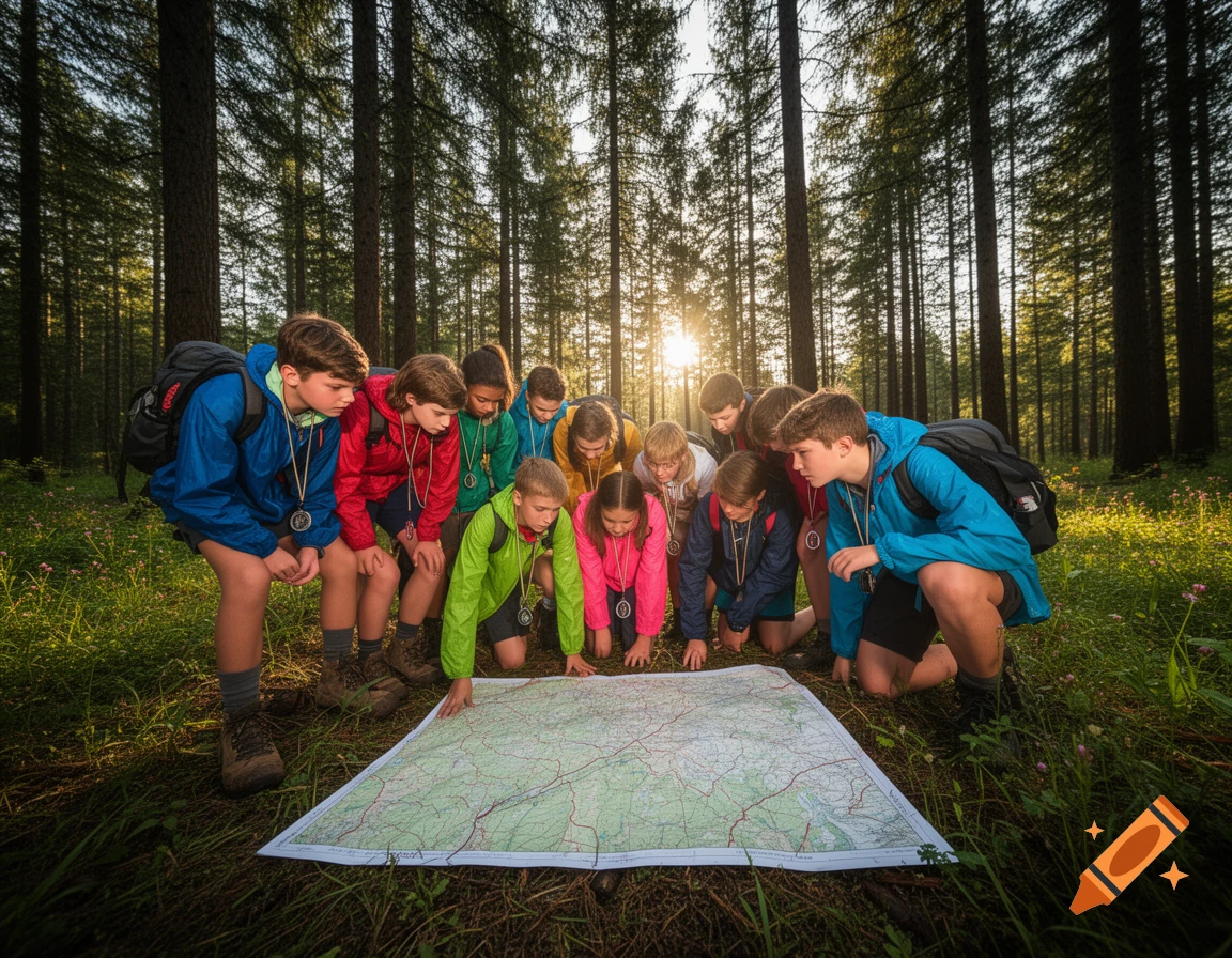 A group of teenage orienteers in colorful jackets gather around a map on the forest floor, bathed in sunlight.