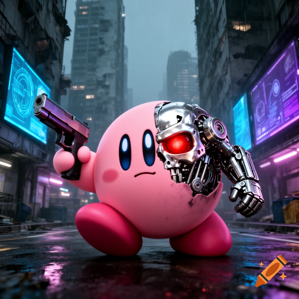 A pink Kirby with one side of his face as a metallic Terminator skull and arm, holding a pistol, stands on a wet street in a dark, cyberpunk city with neon signs.