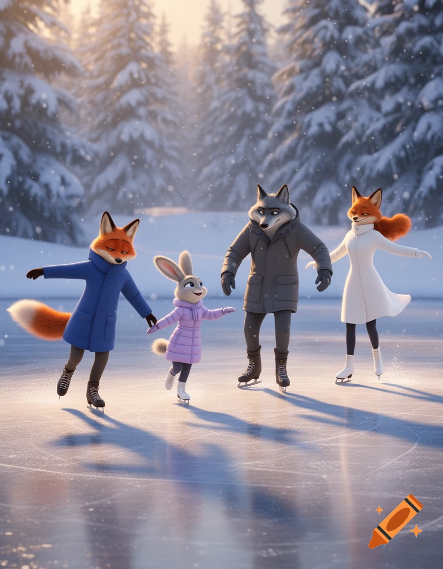 Animated anthropomorphic fox, wolf, and bunny characters ice skating in a snowy forest during winter with warm sunlight.