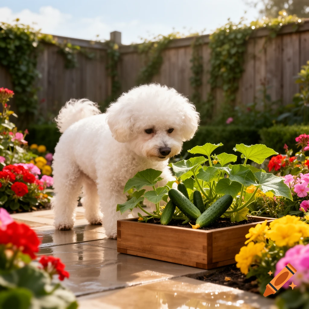 A white Bichon Frise dog stands next to a wooden planter with cucumber plants in a sunny garden with colorful flowers.