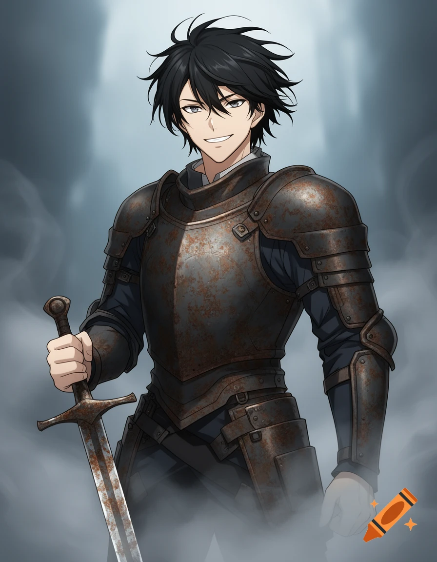 A young man with black spiky hair, wearing rusty full plate armor, holds a longsword, smiling in an anime art style.