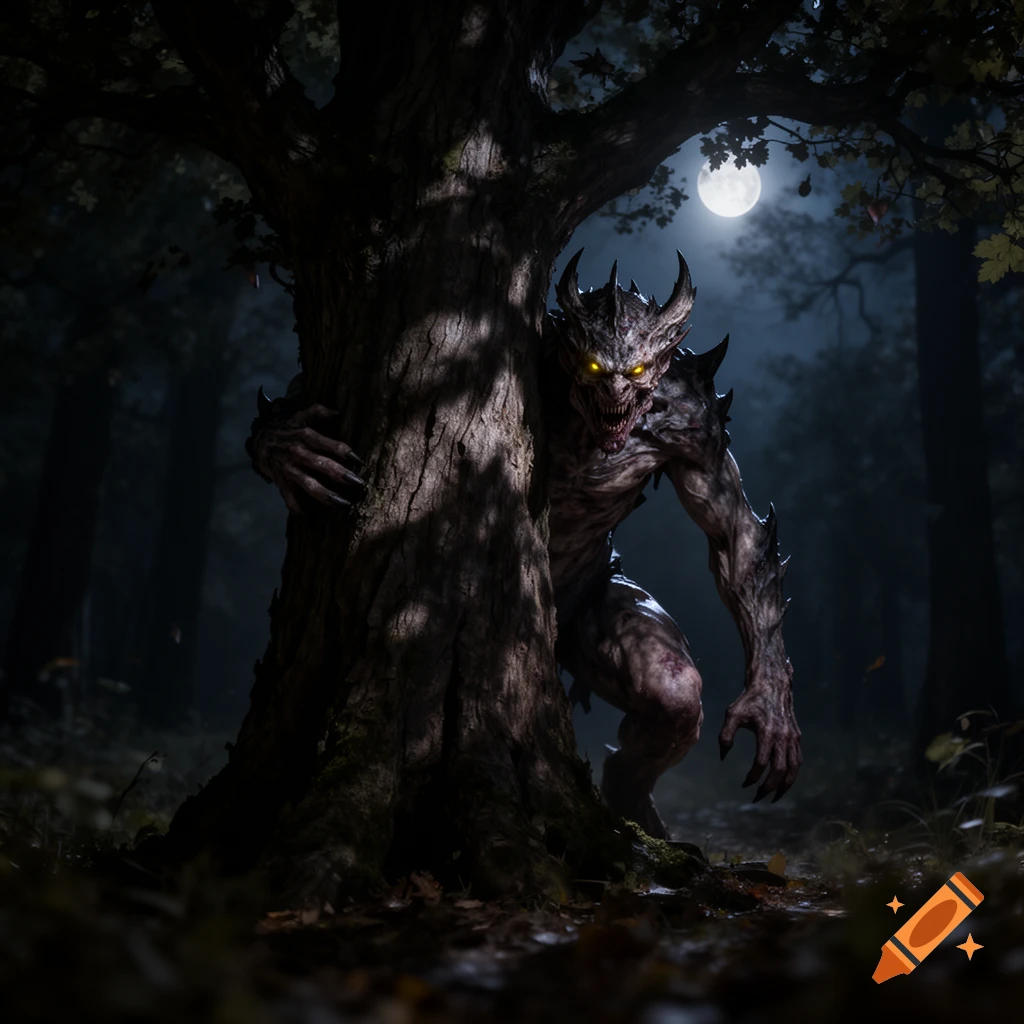 A scary, horned monster with glowing yellow eyes and sharp claws peeks from behind a tree in a dark forest under a full moon, photorealistic.