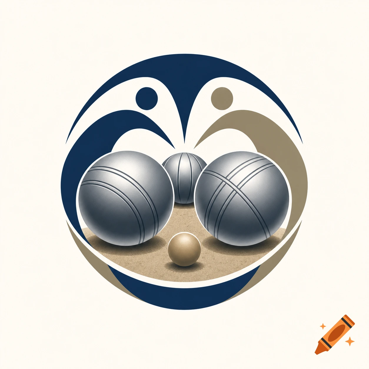 Pétanque logo with silver bocce balls, a golden jack ball on sand, framed by abstract dark blue and beige shapes.