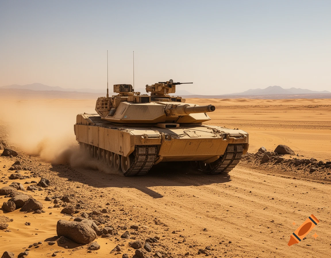 A photorealistic M1A2 Abrams tank charging through a sandy desert, kicking up dust under a clear sky.