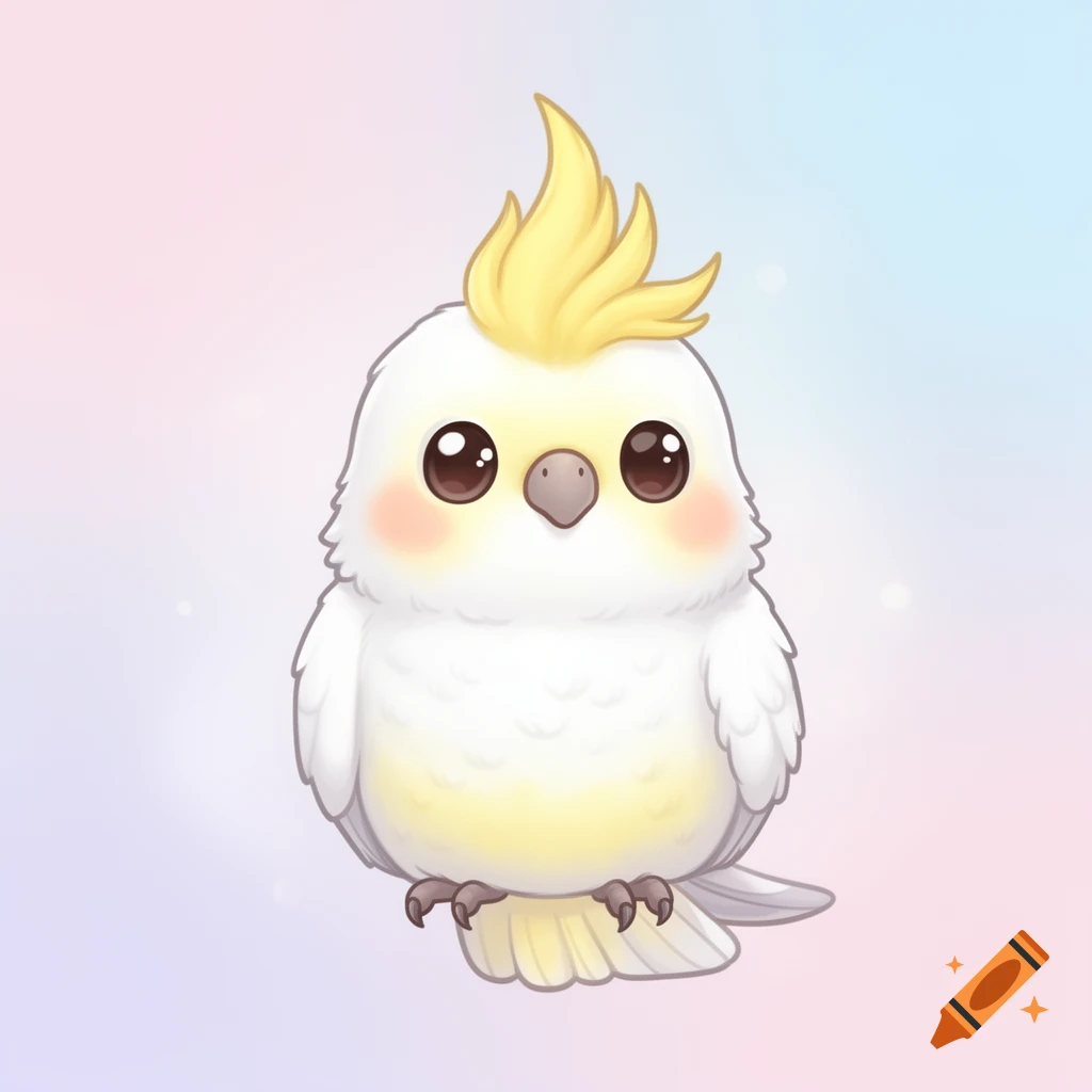 A fluffy white and yellow cartoon cockatiel with a yellow crest and big brown eyes on a pastel background.
