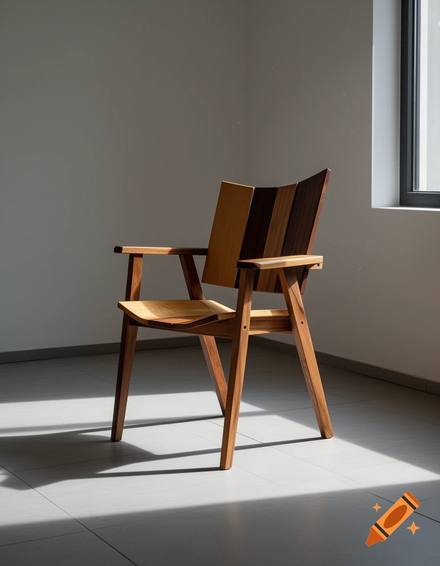A modern wooden chair with a striped backrest stands in a minimalist room, lit by sunlight from a window.