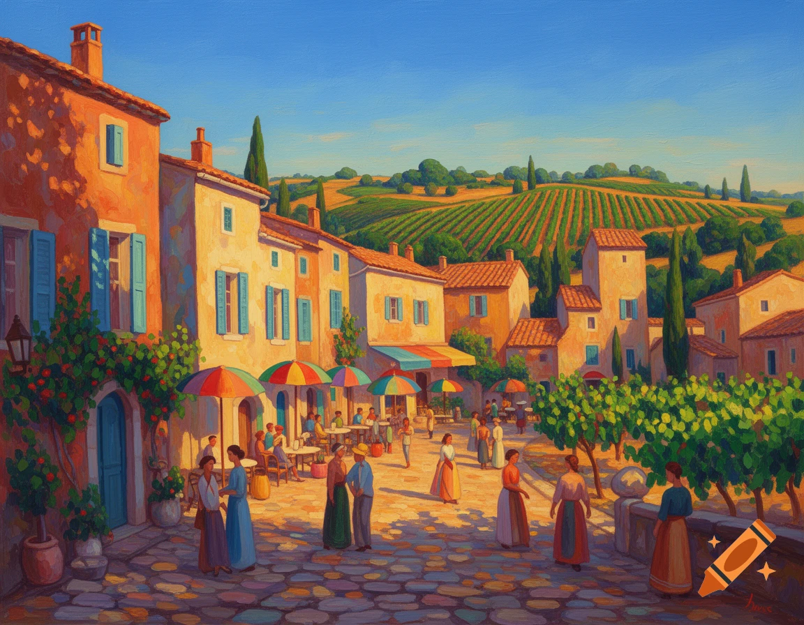 A vibrant painting in the style of Matisse shows a French village with people, colorful umbrellas, and vineyards under a bright blue sky.