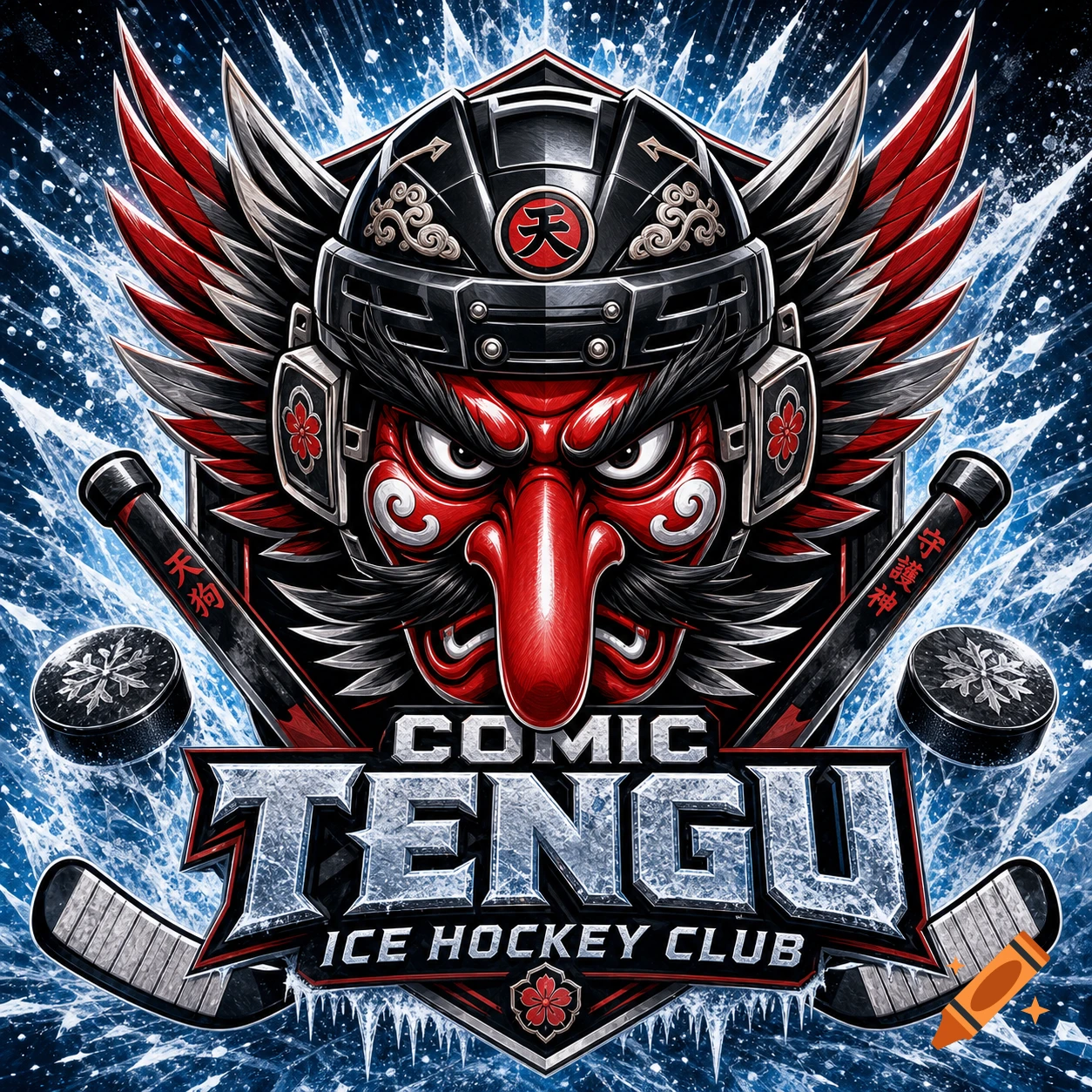 A stylized logo featuring a red-faced Tengu in an ice hockey helmet, flanked by hockey sticks and pucks, against an icy blue background. Text reads 'COMIC TENGU ICE HOCKEY CLUB'.