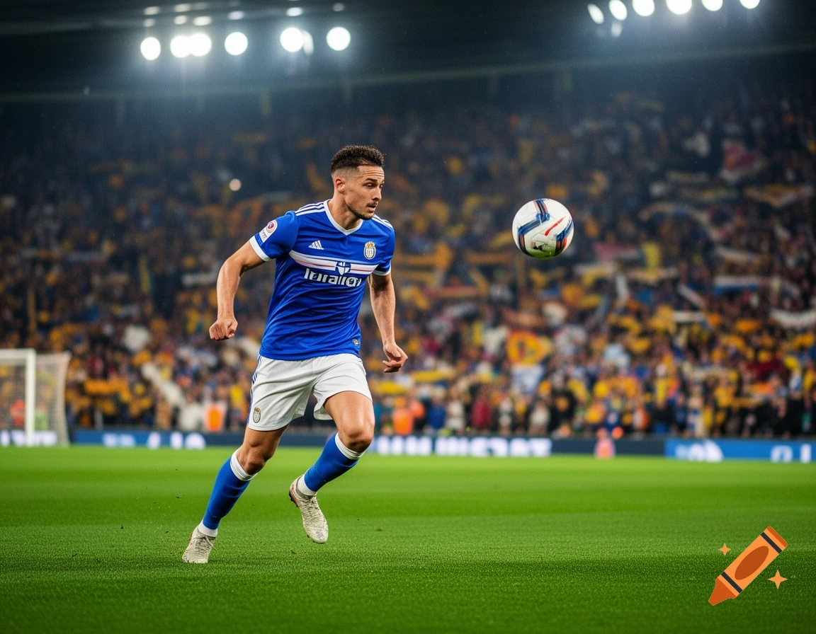 A male soccer player in a blue and white uniform runs across a green field with a soccer ball, in a stadium full of spectators under bright lights.