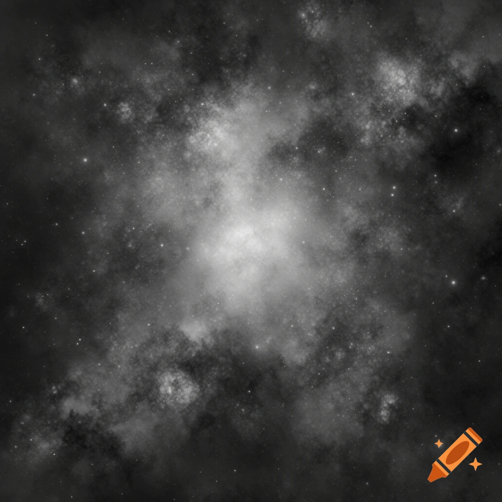 Monochromatic abstract image of a dense nebula with scattered stars, appearing like cosmic dust against a dark background.