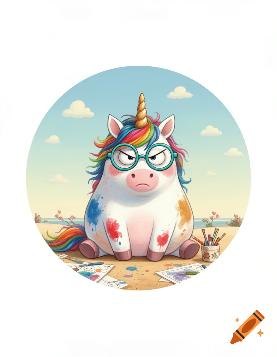 A grumpy, paint-splattered, chubby unicorn with a rainbow mane and round glasses sits on a sandy beach with art supplies, cartoon style.