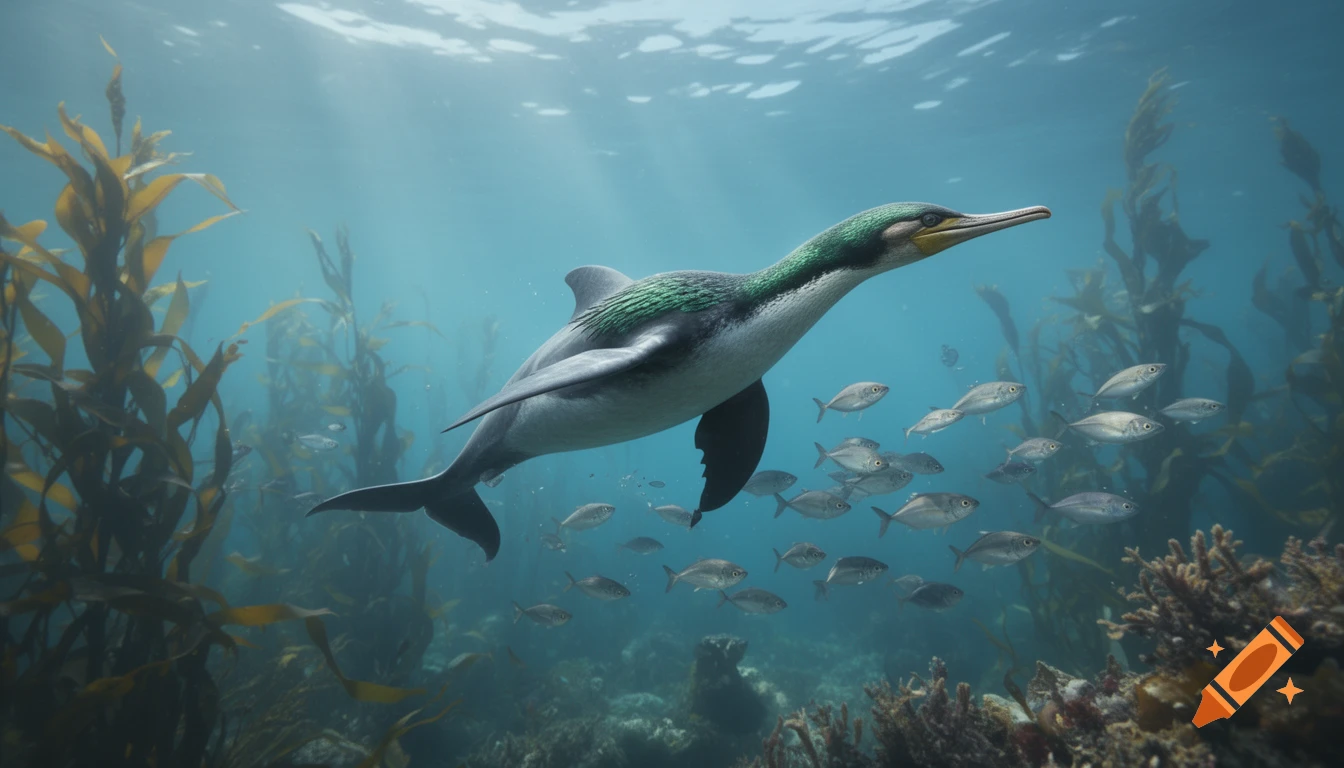 A photorealistic cormorant-dolphin hybrid swims underwater amongst kelp and a school of fish.
