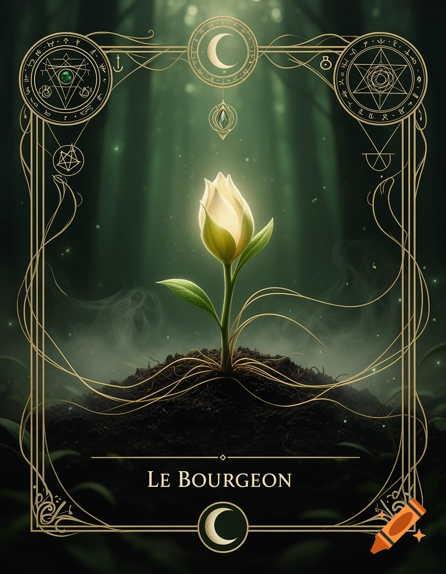 Mystical oracle card showing a glowing white bud from dark soil, framed by golden symbols and a crescent moon on a deep green forest background.