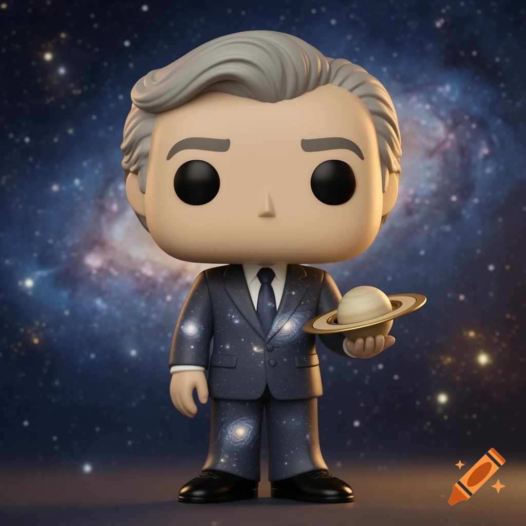 A Funko Pop figure resembling Carl Sagan in a galaxy-print suit, holding a miniature Saturn. A nebula fills the background.
