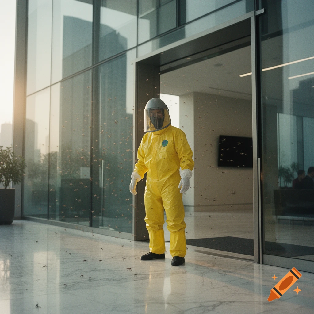 A person in a yellow hazmat suit stands in a modern office building entrance, surrounded by a swarm of mosquitos.