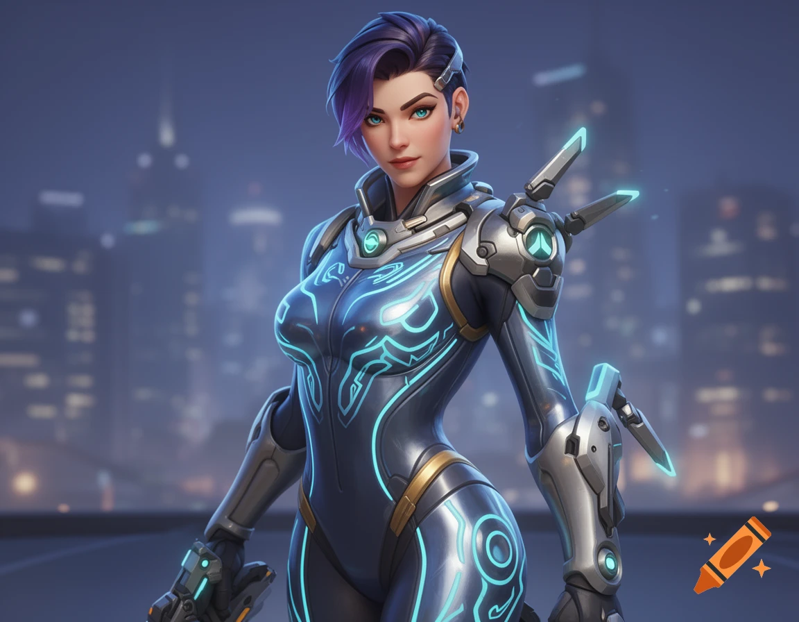 A short-haired woman in futuristic dark blue and silver armor with glowing cyan patterns, standing against a blurred cityscape.