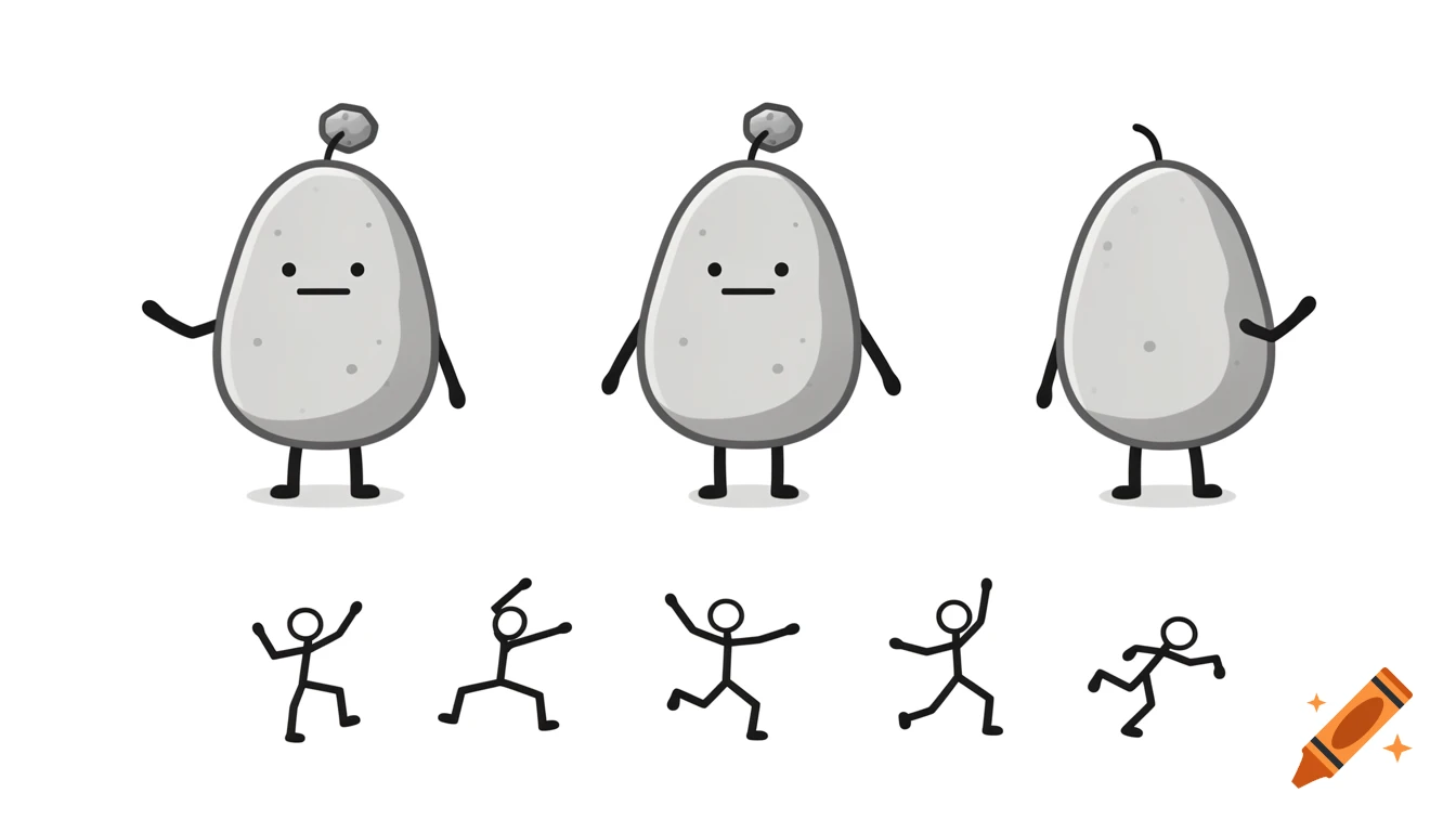 A cartoon reference sheet features three gray pet rocks with stick limbs and minimal faces, and five stick figures, in a 2D vector art style.