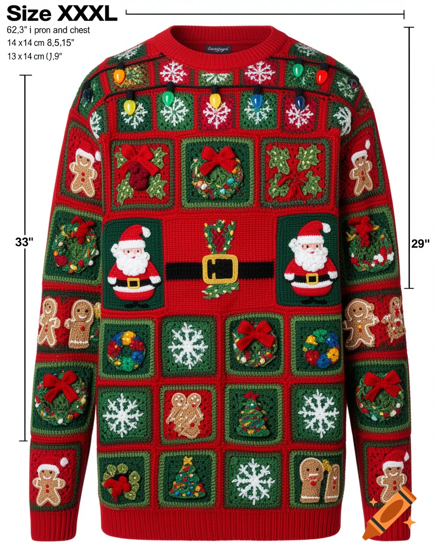 A detailed, realistic, red and green crochet Christmas sweater covered in individual granny squares depicting Santa, gingerbread, snowflakes, wreaths, trees, and lights.