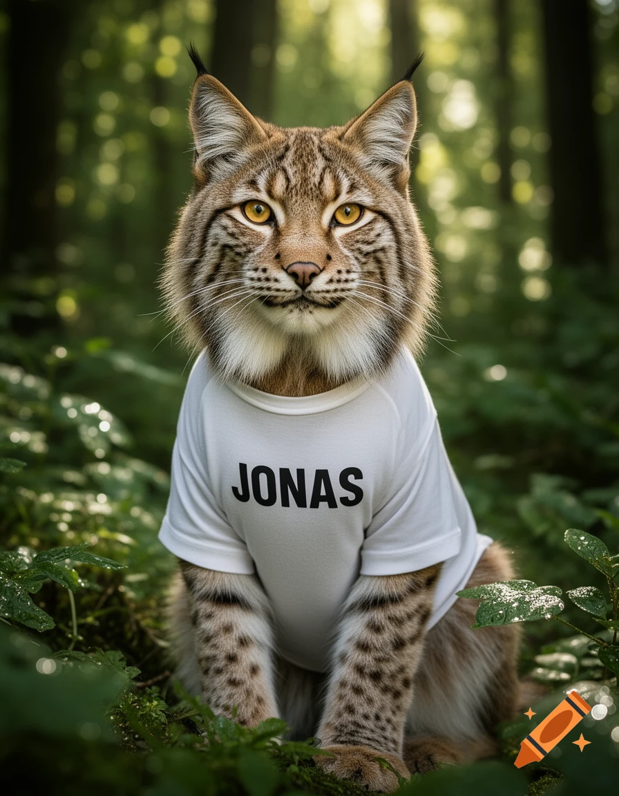 A photorealistic lynx sits in a lush green forest, wearing a white t-shirt with 'JONAS' written in black letters on it.